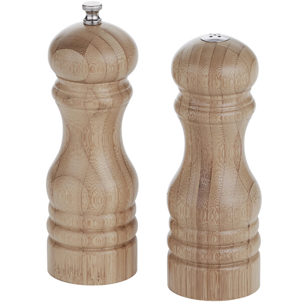 An American Metalcraft bamboo salt shaker and pepper mill set with wooden accents.