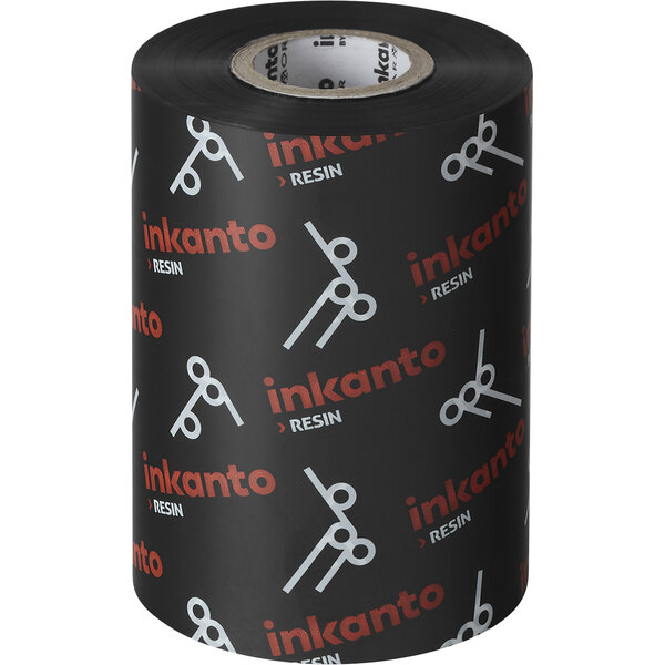 A roll of Armor Inkanto black resin thermal transfer ribbon with white text on a black container.