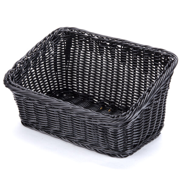 A black polyweave plastic cascading basket with a handle.