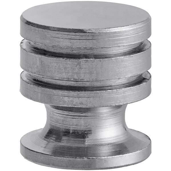 An American Metalcraft pepper mill screw with a stainless steel knob with three round holes.