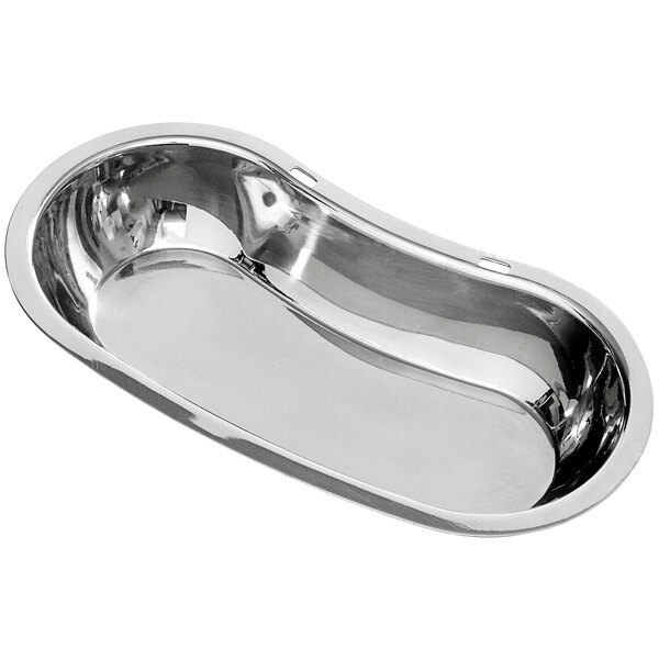 An oval stainless steel spoon rest with a curved edge.