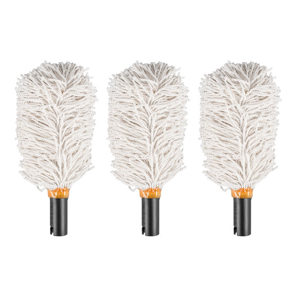 Three white Bar Maid mini polishing heads with orange handles.