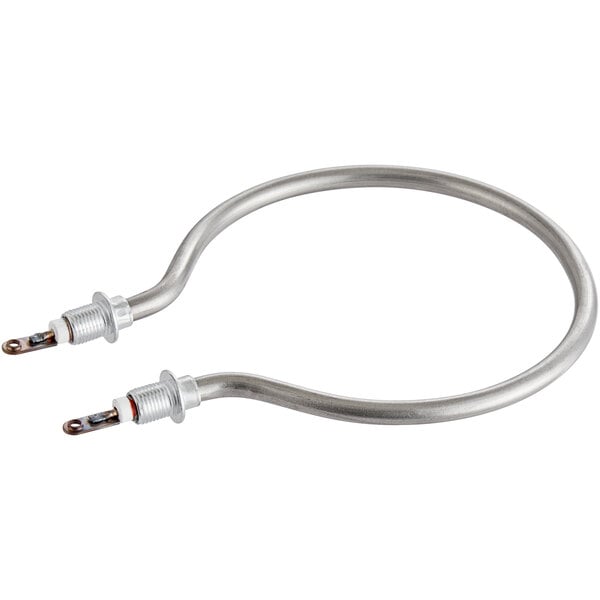 A pair of silver metal cables with metal connectors on a curved metal object.