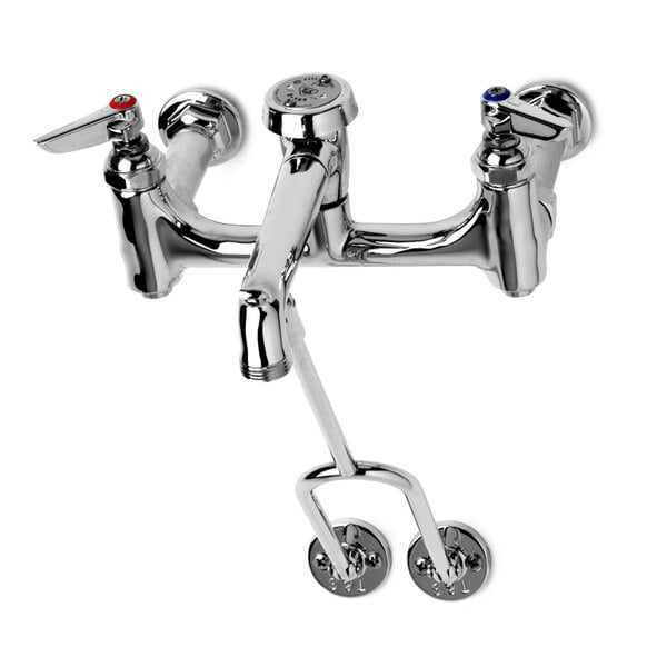 A T&S chrome plated wall mount service sink faucet with two handles and a hose.