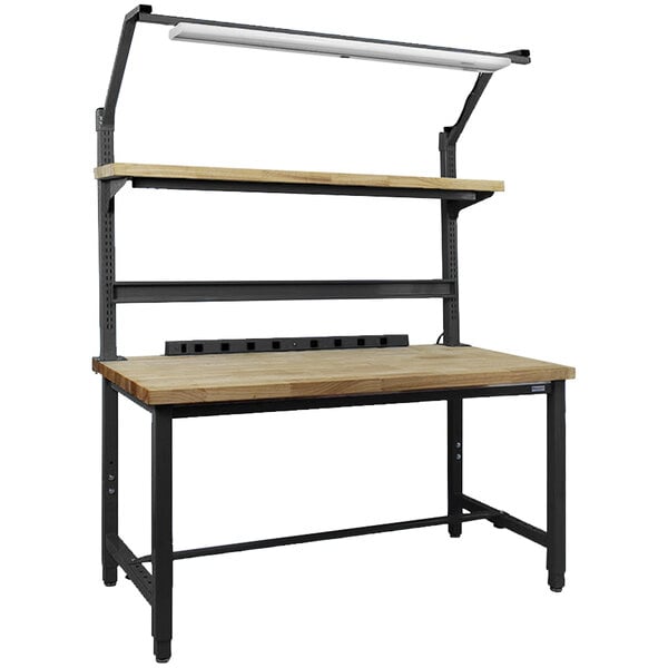 A BenchPro Kennedy wood and metal workbench with two shelves.