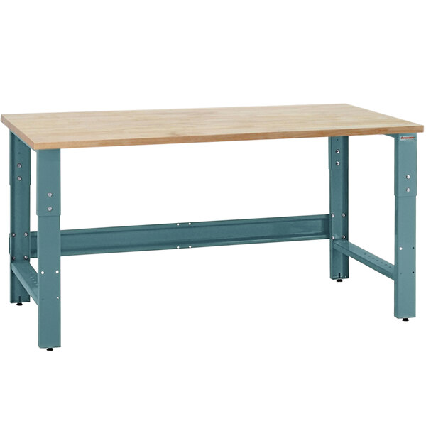 A BenchPro Roosevelt workbench with a maple butcher block top and light blue metal base.