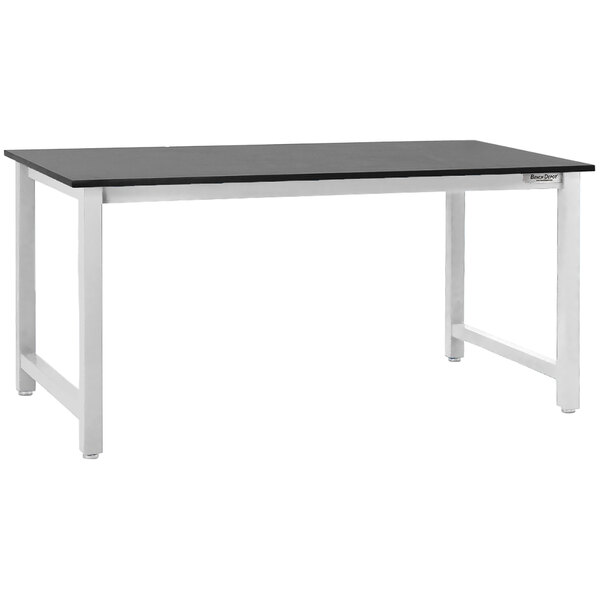 A white BenchPro workbench with a white top and white metal legs.