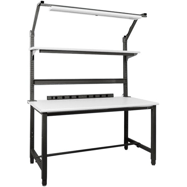 A white and black BenchPro Kennedy Series workbench with shelves.