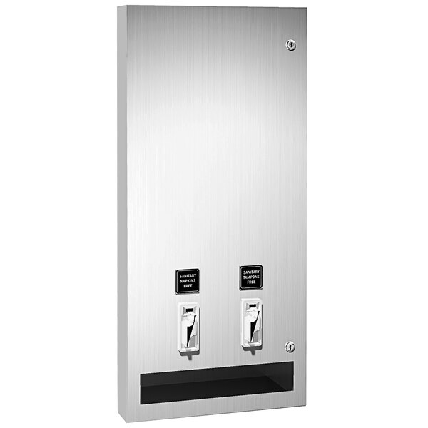 An American Specialties, Inc. stainless steel surface mount sanitary napkin/tampon dispenser with two doors.