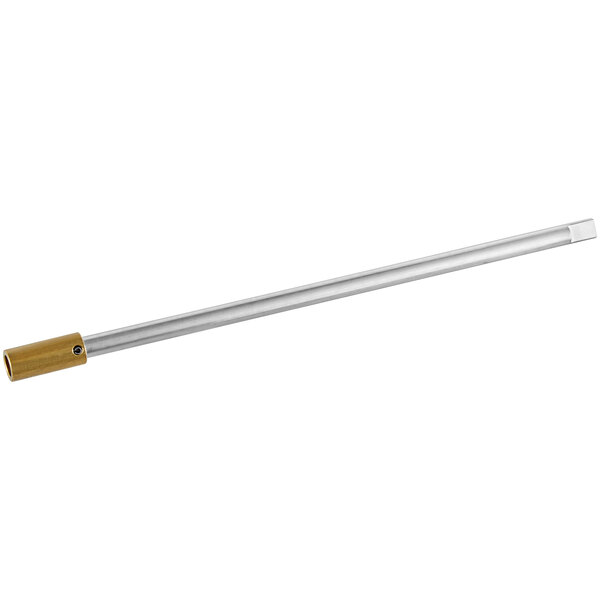 A metal rod with a gold cap on one end and a white metal pipe on the other.