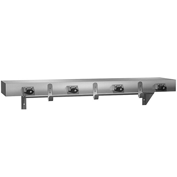 A stainless steel American Specialties, Inc. utility shelf with 4 mop / broom holders and 3 hooks.