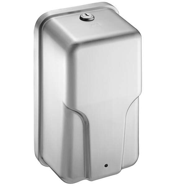 An American Specialties, Inc. stainless steel liquid soap dispenser with a button.