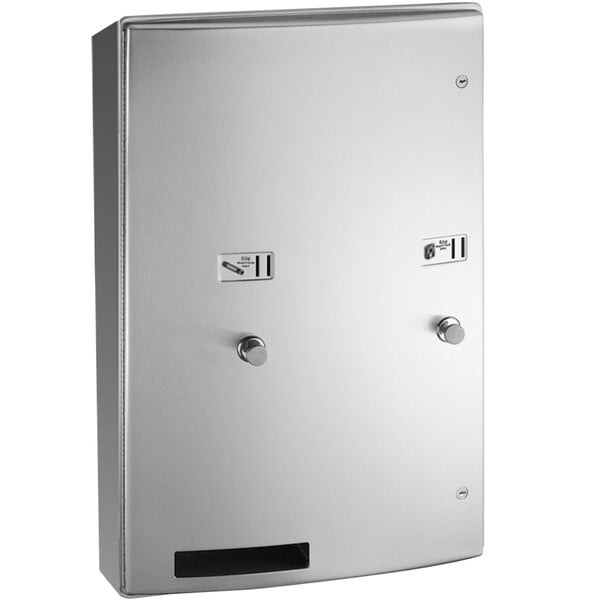 An American Specialties, Inc. stainless steel wall mounted sanitary napkin and tampon dispenser with two doors.