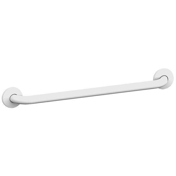 An American Specialties, Inc. white metal grab bar with white snap flange covers.