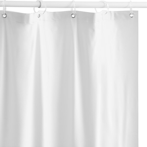 A white American Specialties, Inc. shower curtain hanging on a rod.
