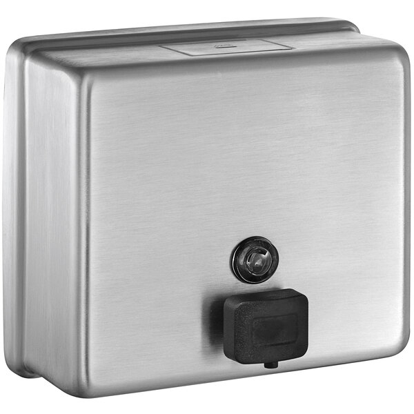An American Specialties, Inc. stainless steel surface-mounted liquid soap dispenser with a black button.