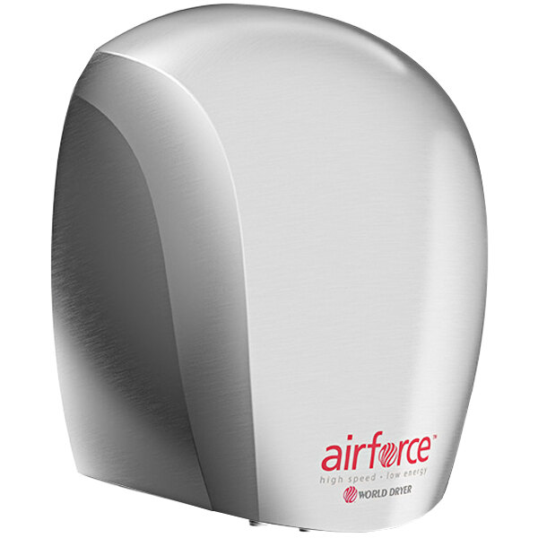 A World Dryer Airforce hand dryer with a brushed chrome finish and red text.