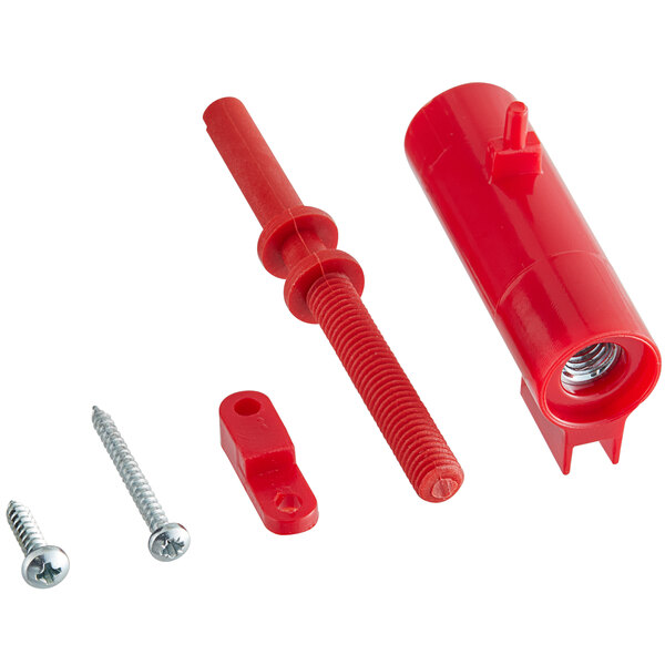 A red plastic Narvon hardness regulator with a metal screw.