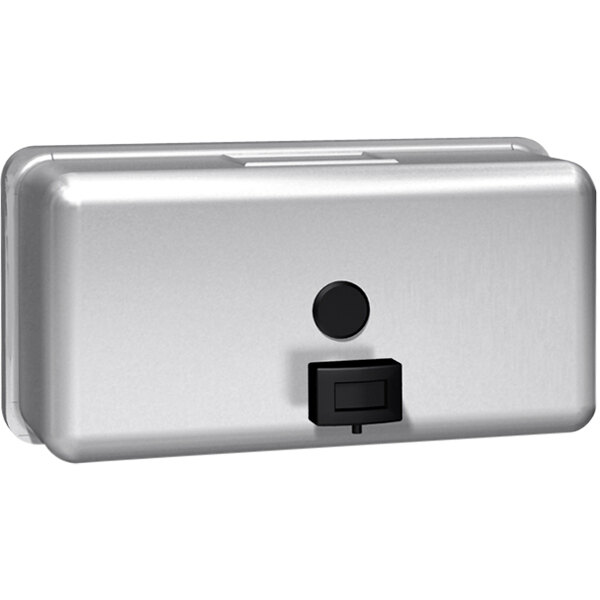 A silver rectangular American Specialties, Inc. liquid soap dispenser with a black button.