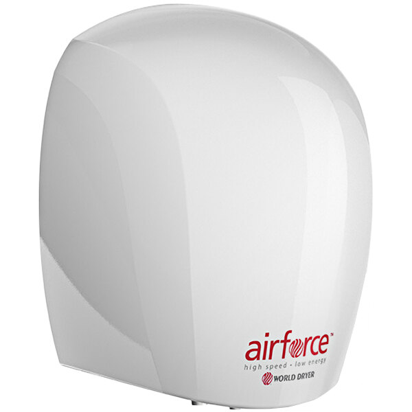 A white World Dryer Airforce hand dryer with red text.