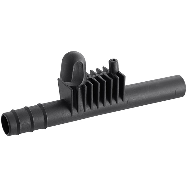 A black plastic tube with a hole and a plastic clip on the end.