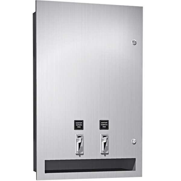 A stainless steel American Specialties, Inc. recessed dual sanitary napkin/tampon dispenser with two buttons.
