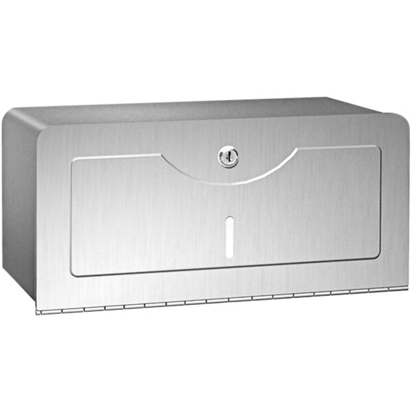 An American Specialties, Inc. stainless steel surface-mounted paper towel dispenser box with a keyhole.