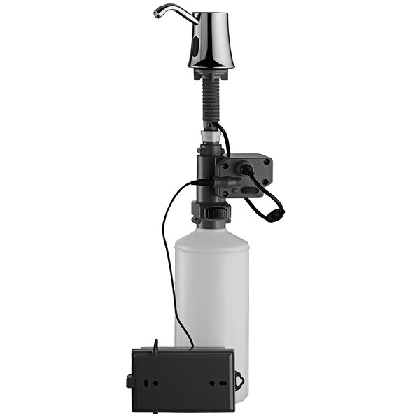 A white American Specialties, Inc. vanity-mounted liquid soap dispenser with a black pump.