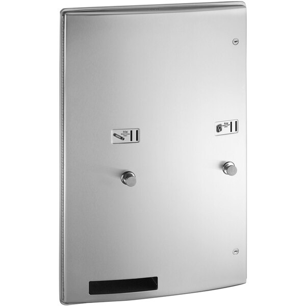 A silver rectangular American Specialties, Inc. Roval recessed sanitary napkin/tampon dispenser with a metal door.