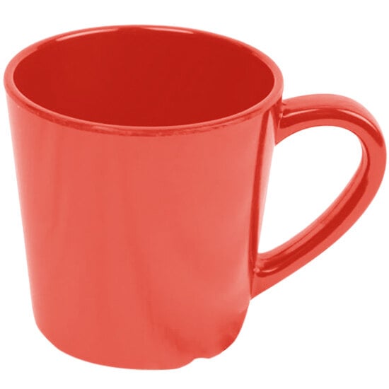 A close up of a Thunder Group orange melamine mug with a red handle.
