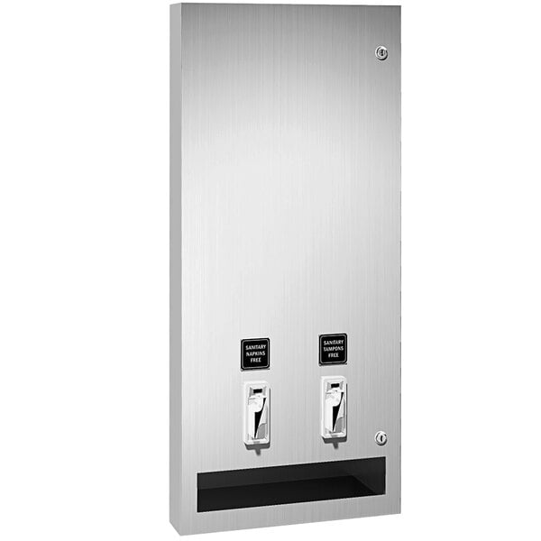 An American Specialties, Inc. stainless steel surface mount sanitary napkin/tampon dispenser.