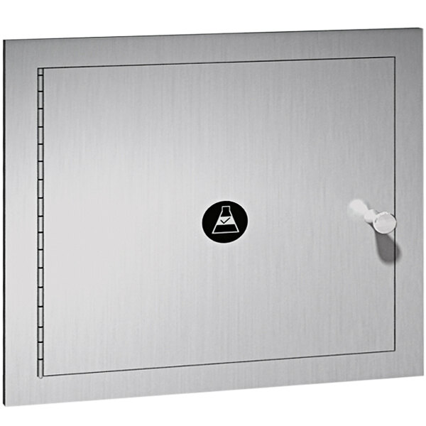 A stainless steel American Specialties, Inc. recessed specimen pass-through cabinet door with a black circle handle.