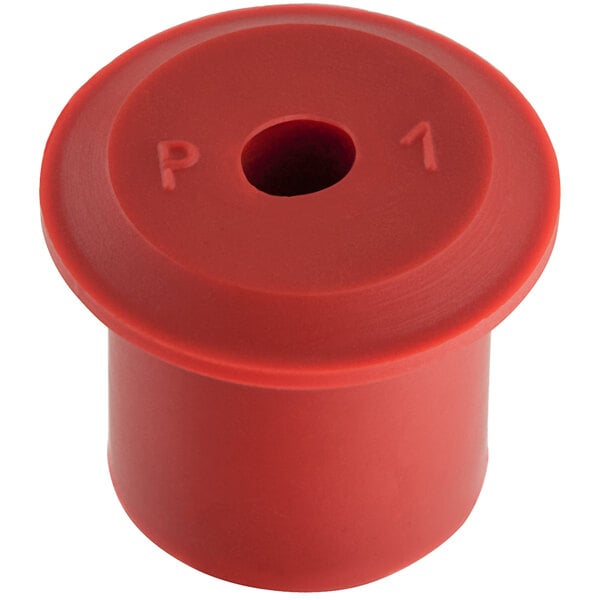A red plastic Narvon spigot gasket with a hole in it.