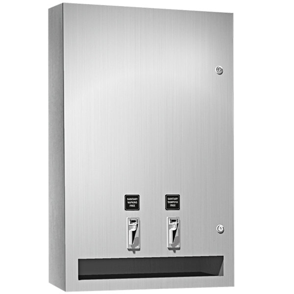 An American Specialties, Inc. stainless steel surface mount dual sanitary napkin/tampon dispenser with two doors.