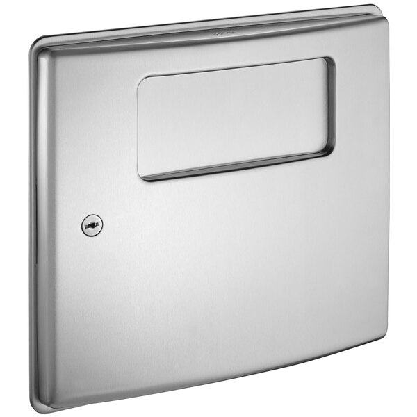 A silver rectangular stainless steel door with a keyhole.
