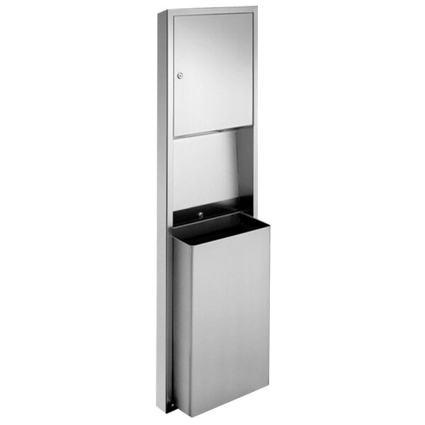 A stainless steel surface-mounted paper towel dispenser and waste receptacle.