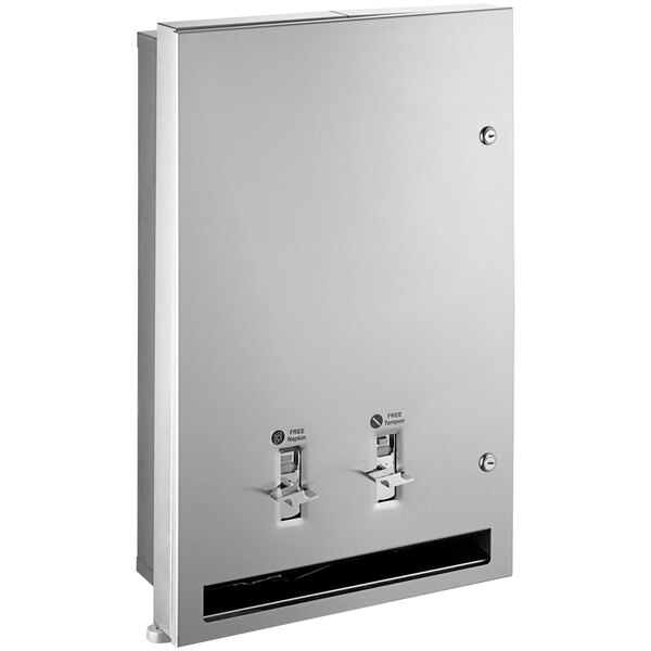 An American Specialties, Inc. stainless steel dual sanitary napkin/tampon dispenser with two doors.