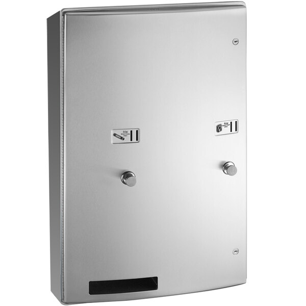 An American Specialties, Inc. stainless steel wall mounted Roval sanitary napkin and tampon dispenser with two doors.