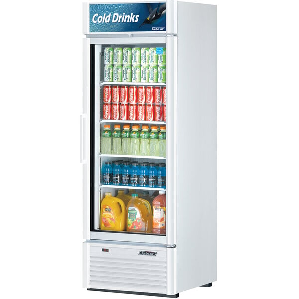 A white Turbo Air refrigerated merchandiser filled with drinks and beverages.