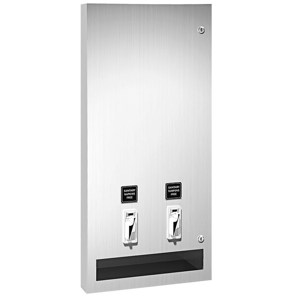 A silver stainless steel American Specialties, Inc. surface mount sanitary napkin/tampon dispenser with two doors.