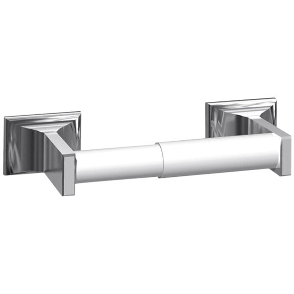 A silver American Specialties, Inc. surface-mounted toilet paper holder with a white cap.