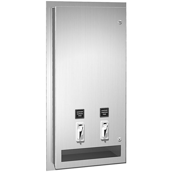 An American Specialties, Inc. stainless steel semi-recessed sanitary napkin/tampon dispenser with two buttons.