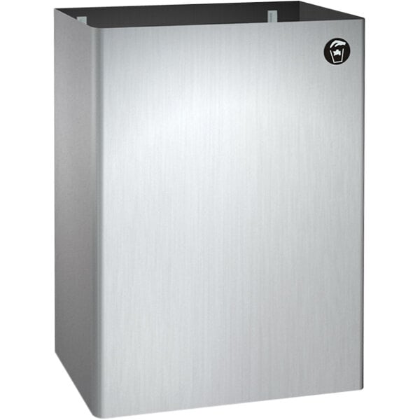 A stainless steel rectangular waste receptacle with a black lid.