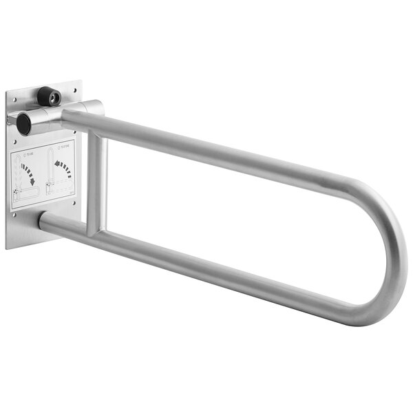 A silver stainless steel swing-up grab bar with a metal handle.