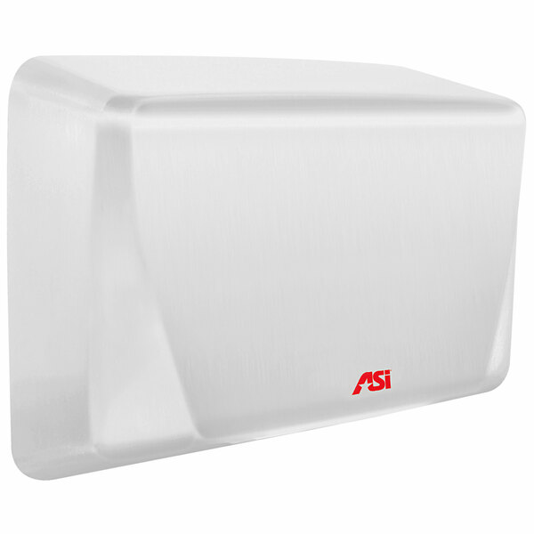 A white rectangular American Specialties, Inc. surface mounted hand dryer with red text.