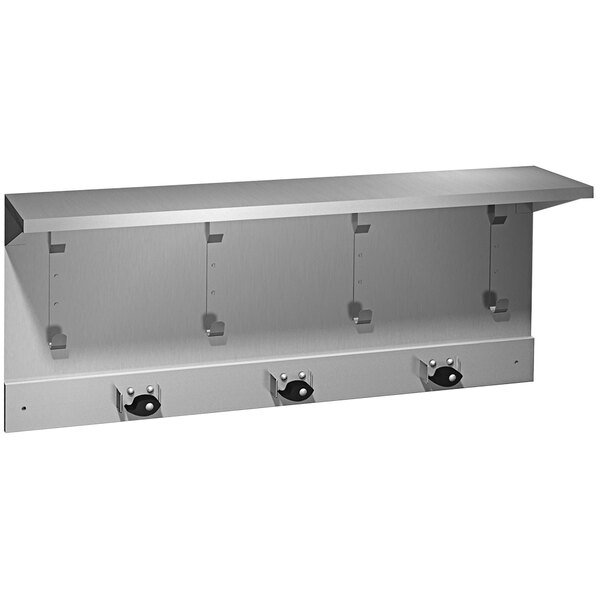A stainless steel American Specialties utility shelf with three black mop and broom holders.