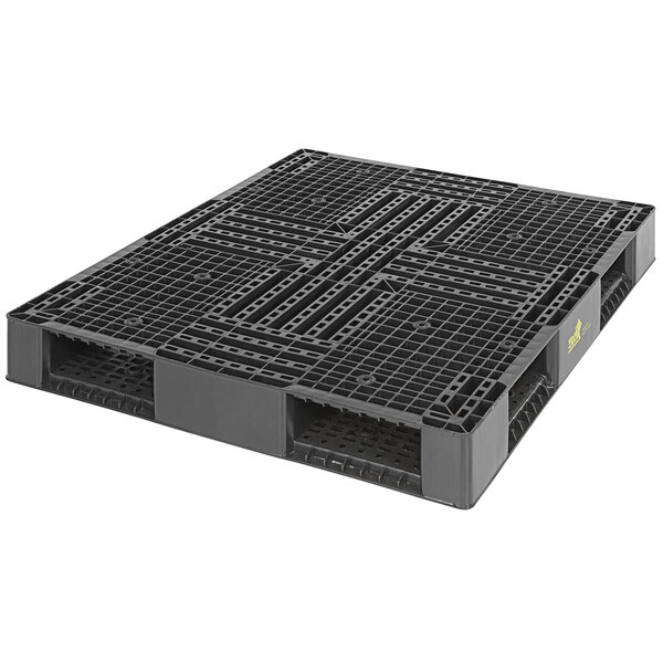 A black rackable plastic pallet with a solid top and no holes.