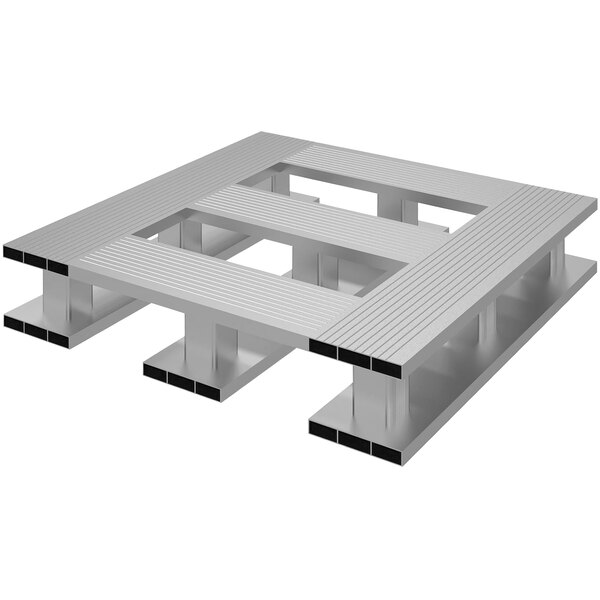 A Vestil aluminum half pallet with a metal structure and four square holes.