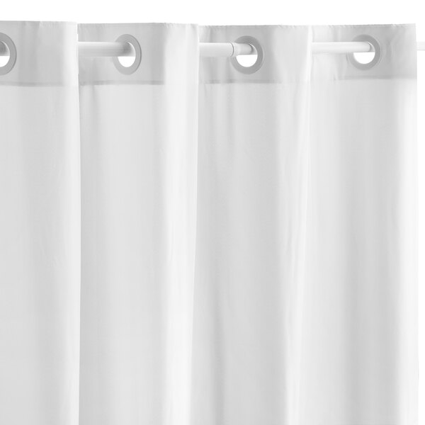 A white Hookless shower curtain with rings on the top.