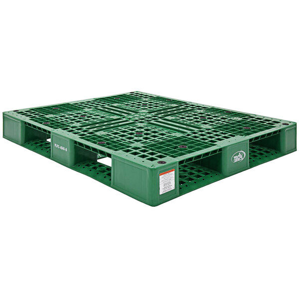 A close-up of a green Vestil plastic pallet with holes in it.